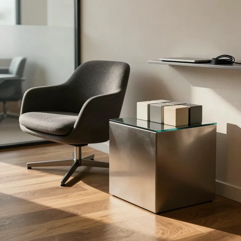 Angolo consulenza HR con sedia pronta, tavolino laterale e cubi appuntamento ordinati in luce soffusa