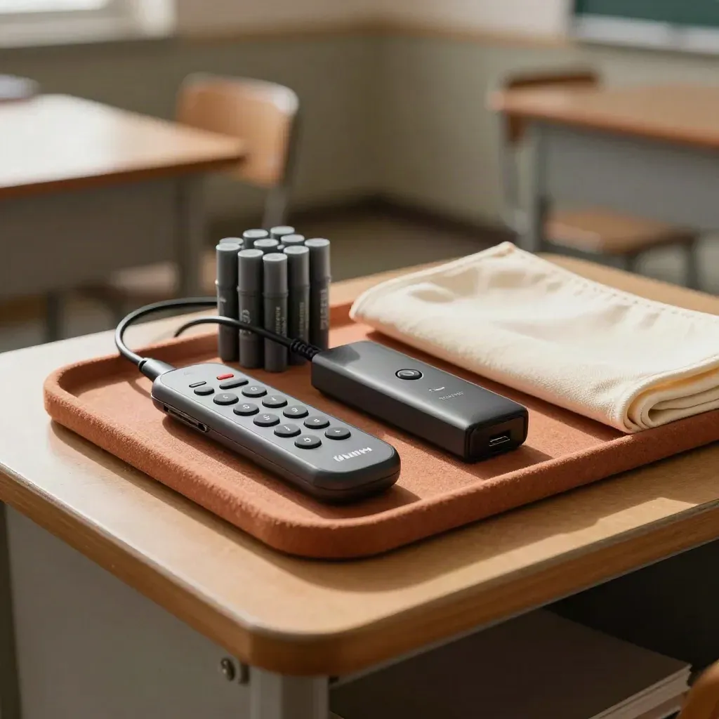 Kit per formatore digitale con clicker, hub USB-C e cappucci marker su vassoio terracotta.