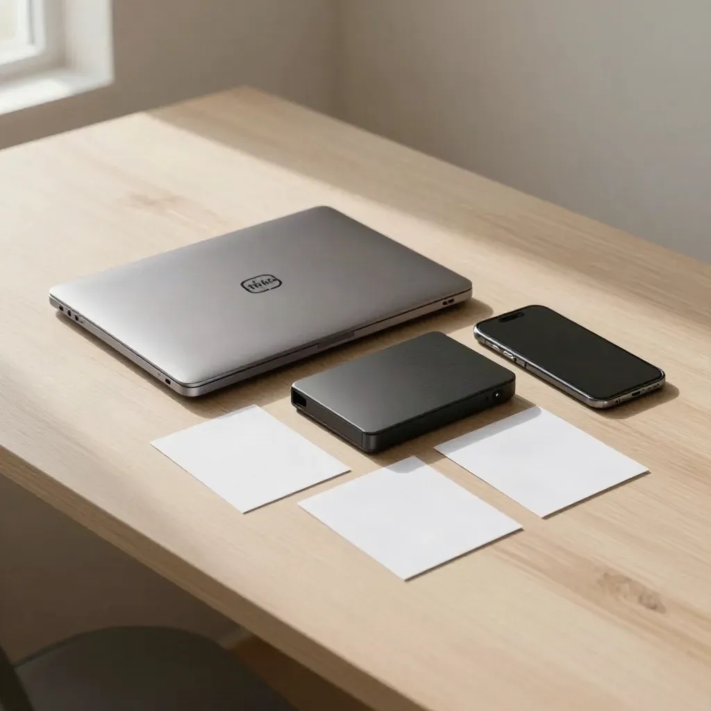 Laptop chiuso, router, telefono e divisori bianchi su legno chiaro in luce morbida.