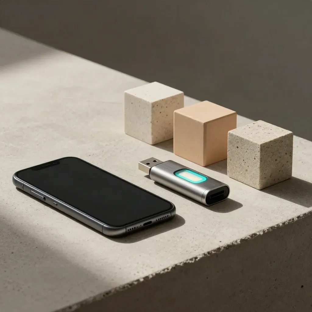 Telefono, chiavetta USB e modulo LED su blocchi neutri in una scena di avvio campagne.