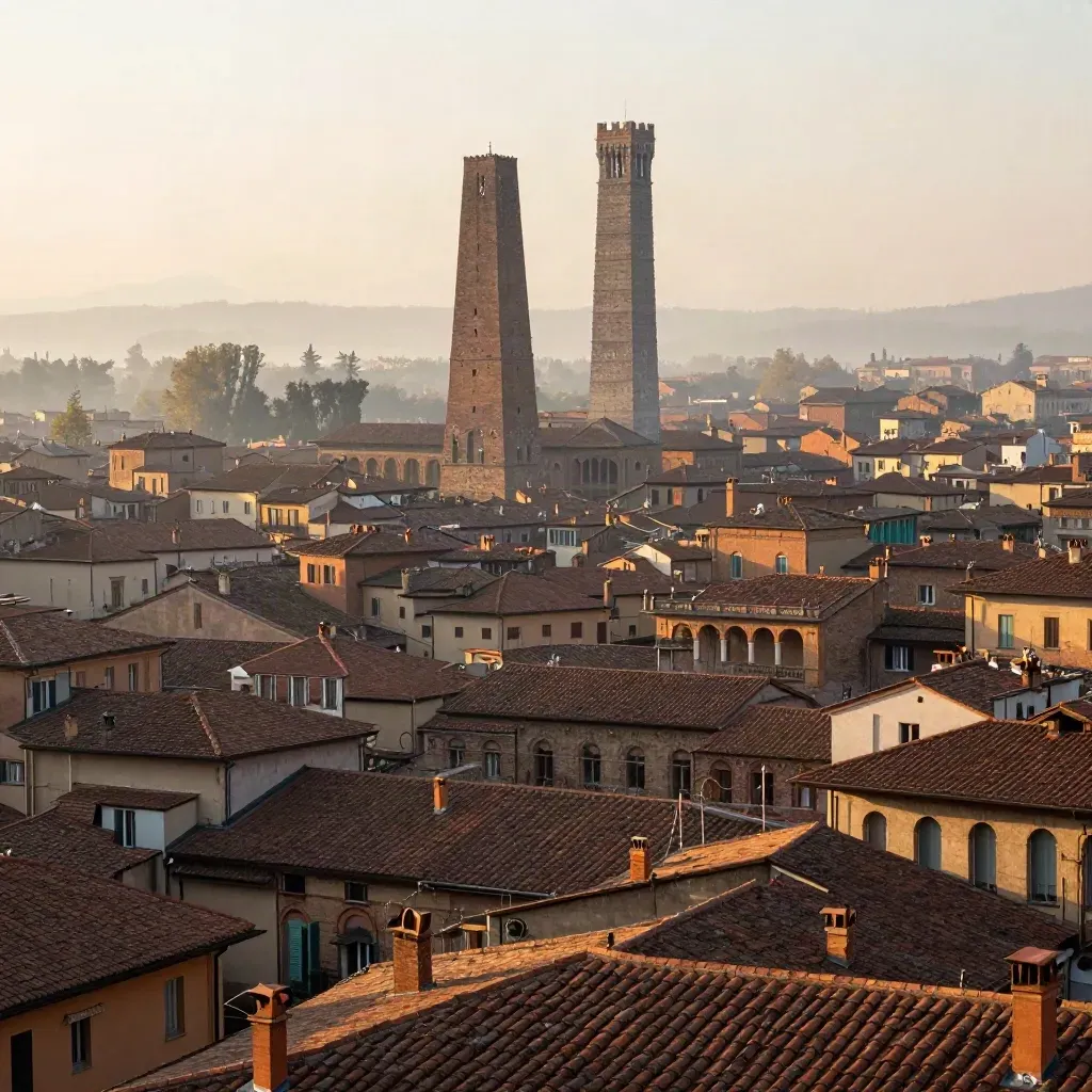 Torri di Bologna tra tetti in terracotta e portici velati dalla foschia del mattino.